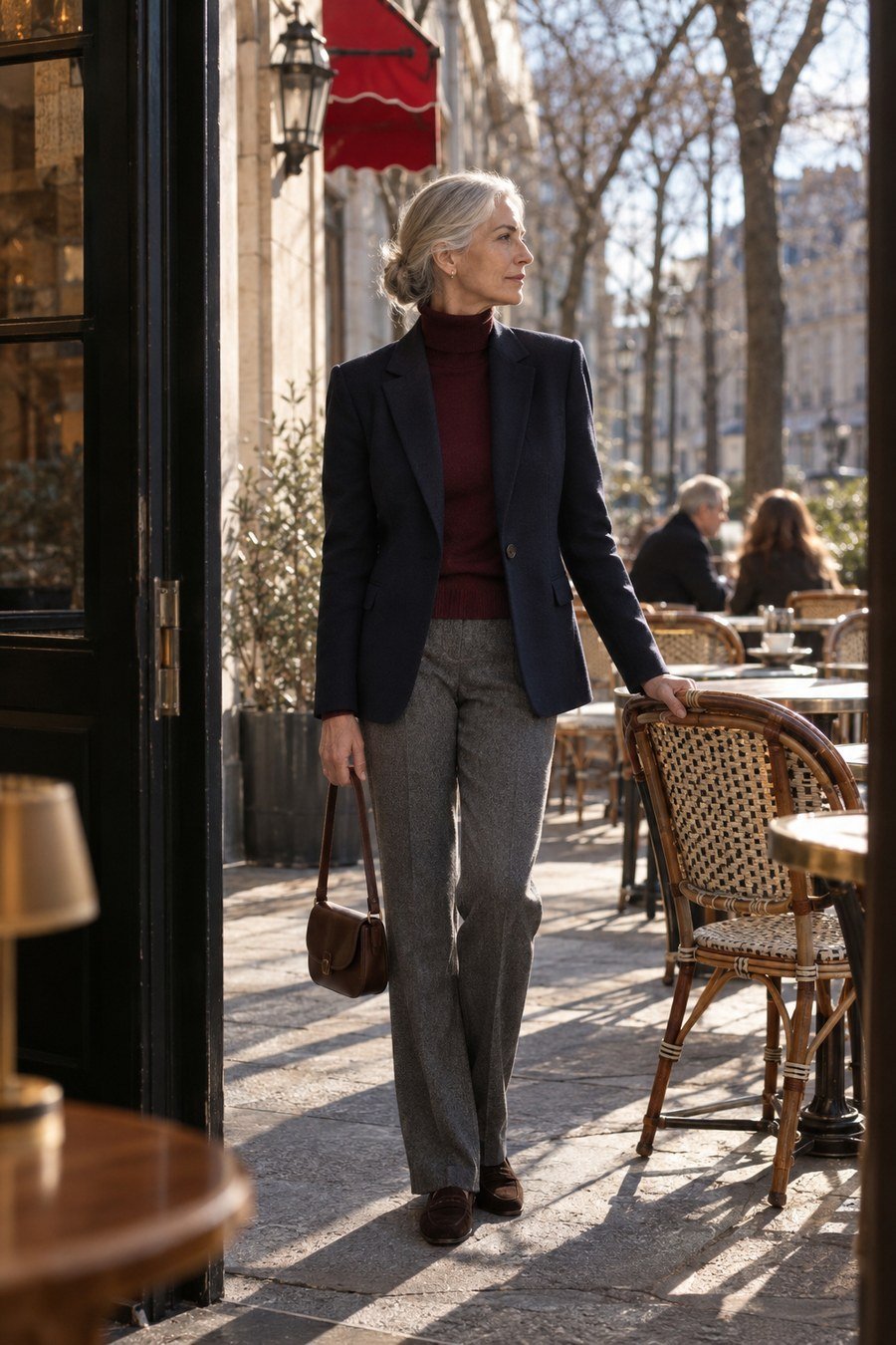 Navy ponte blazer, burgundy turtleneck, grey flannel trousers, suede loafers