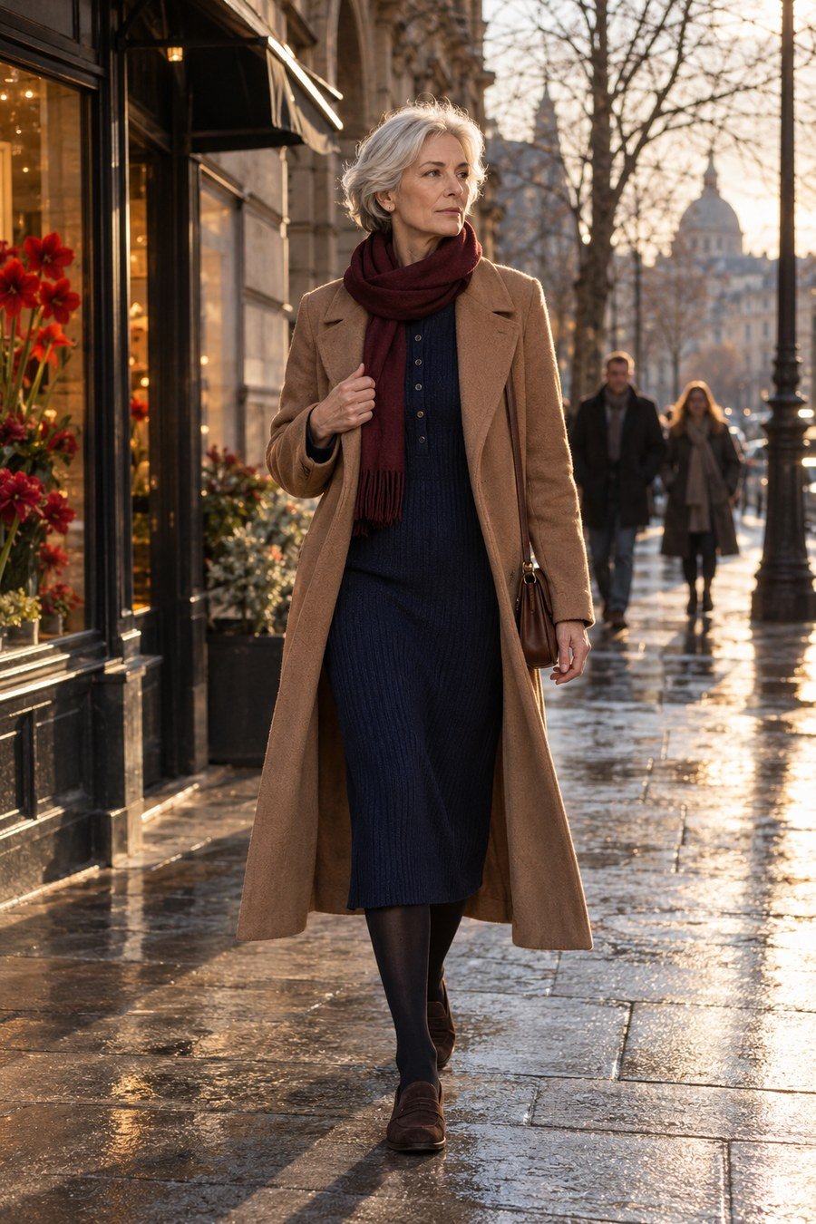 Camel coat over the navy sweater dress, wine scarf, suede loafers