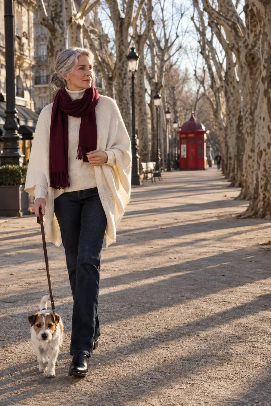 Ivory poncho over the ivory turtleneck, straight jeans, black ankle boots